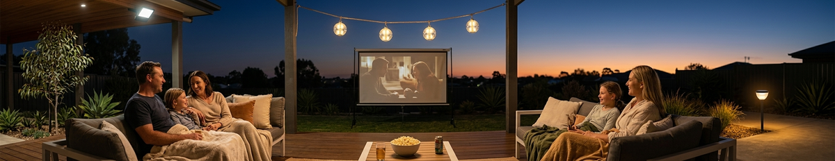 Cozy winter evening outdoor movie night illuminated by Outway solar string lights. The warm glow from the hanging globe lights creates a magical atmosphere over the patio seating area against a twilight sky.