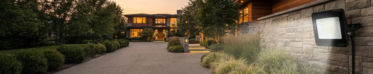 Modern black LED floodlight mounted on a textured stone wall, illuminating a long paved driveway and landscaping leading to a large contemporary home at dusk.