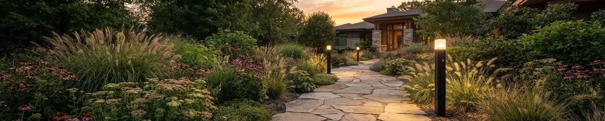 Stone pathway winding through a lush garden at dusk, illuminated by modern black cylindrical bollard lights highlighting ornamental grasses and wildflowers.