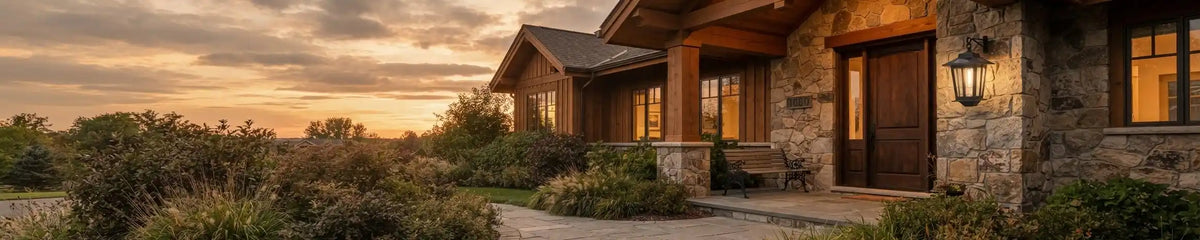 Sunset view of a luxury stone home exterior featuring a Heritage Solar Wall Lantern with Victorian LED Filament mounted beside the rustic wooden front door.