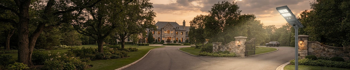 Modern solar-powered street light illuminating a private paved driveway leading up to a grand mansion at twilight, with lush trees and ornate stone gates in the background