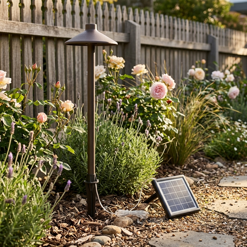 Solar-powered garden light in a garden setting with flowers and a wooden fence.