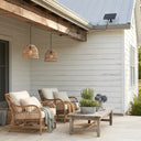 PT0914 dual solar rattan pendant lights over an outdoor poolside patio
