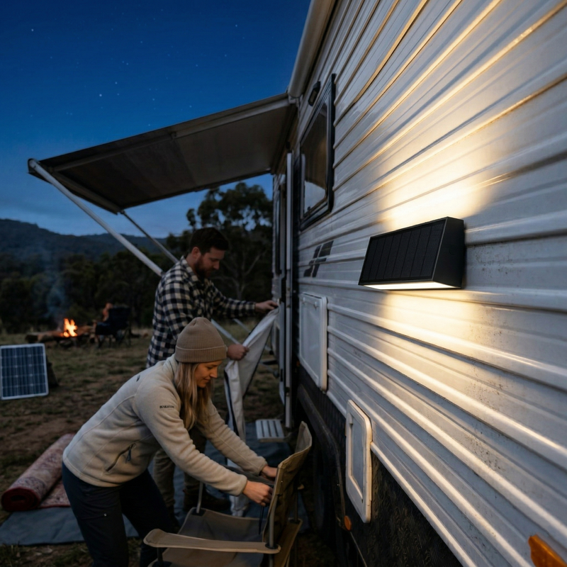 Two people interacting with an RV at night, with a solar panel and light fixture visible.