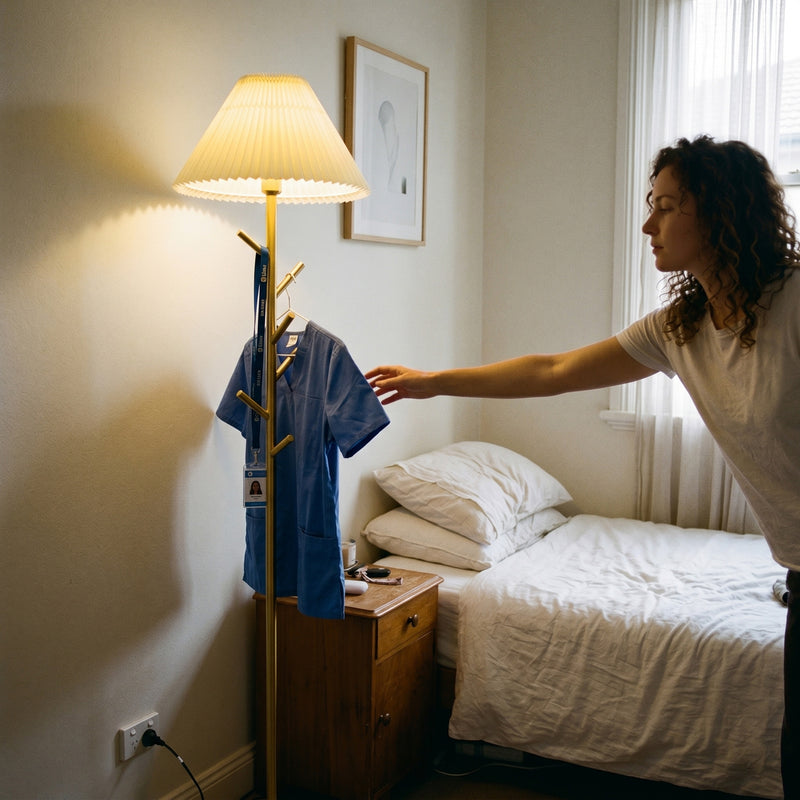 Person reaching for a blue shirt on a coat rack in a bedroom.
