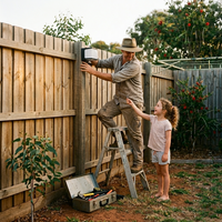 Man on a ladder with a toolbox, working on a wooden fence with a young girl watching.
