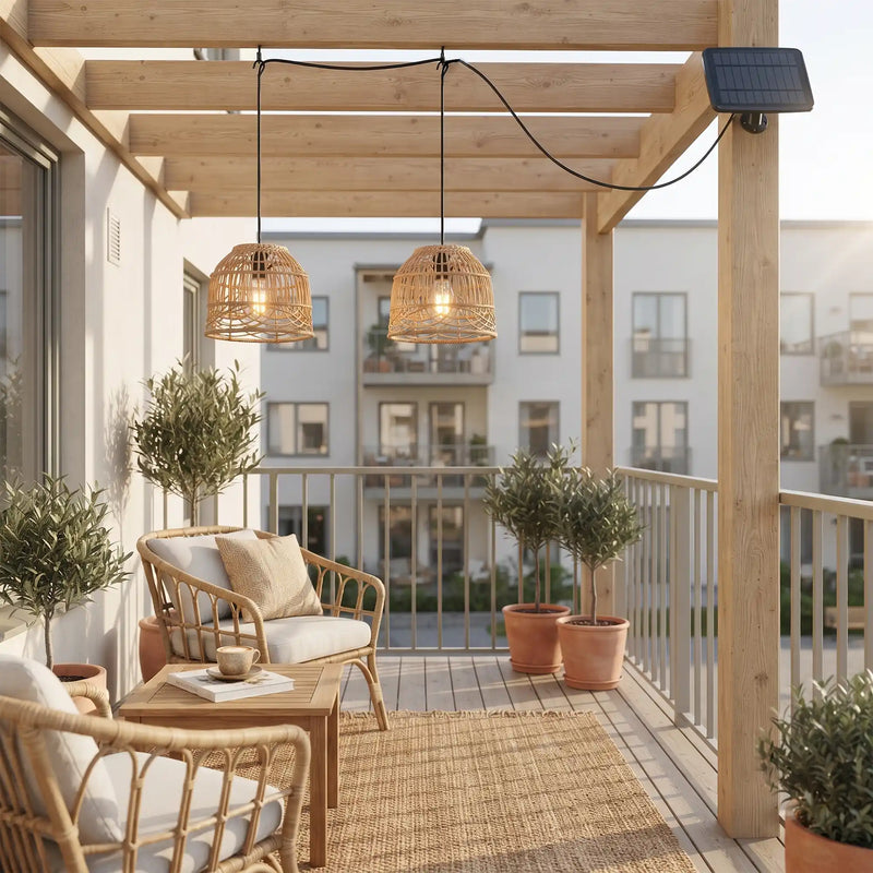 Haiku Kasa Solar Rattan Twin Pendant, Remote