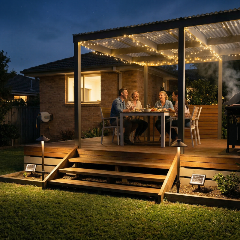 Family enjoying a meal on a wooden deck with string lights at night.