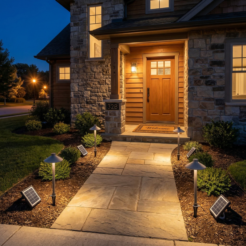 Solar pathway and post lights illuminating a stone walkway to a front door on a house exterior at dusk.