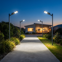 Modern solar-powered outdoor pathway lights installed on both sides of a concrete walkway leading to a house at dusk.