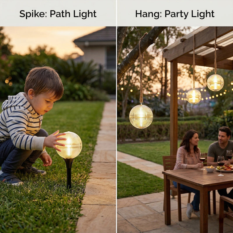 Two images showing outdoor lighting fixtures labeled 'Spike: Path Light' and 'Hang: Party Light'.