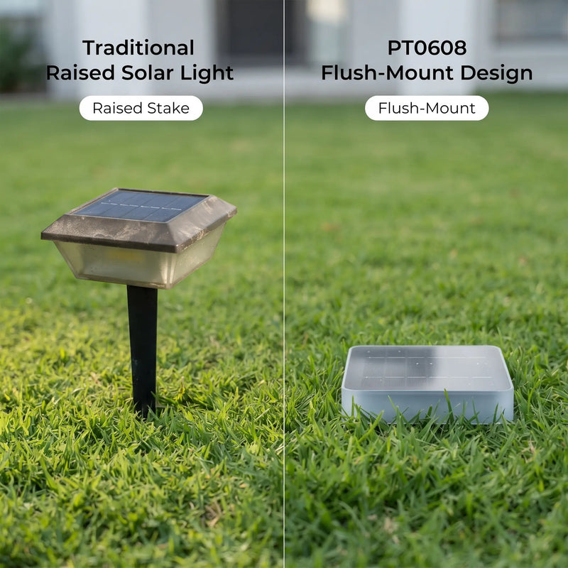 A split-screen comparison of two solar lawn lights on a green grass lawn. The left side shows a traditional raised solar light with a black stake and a square solar panel on top.