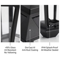 Three-panel close-up: >90% Glass UV-Resistant No Yellowing (left), Die-Cast Al Anti-Rust Coating (center), IP44 Splash-Proof All-Weather Sealed (right), highlighting material durability and weather resistance for Australian outdoor conditions.