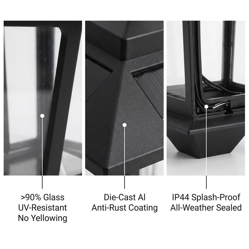 Three-panel close-up: >90% Glass UV-Resistant No Yellowing (left), Die-Cast Al Anti-Rust Coating (center), IP44 Splash-Proof All-Weather Sealed (right), highlighting material durability and weather resistance for Australian outdoor conditions.