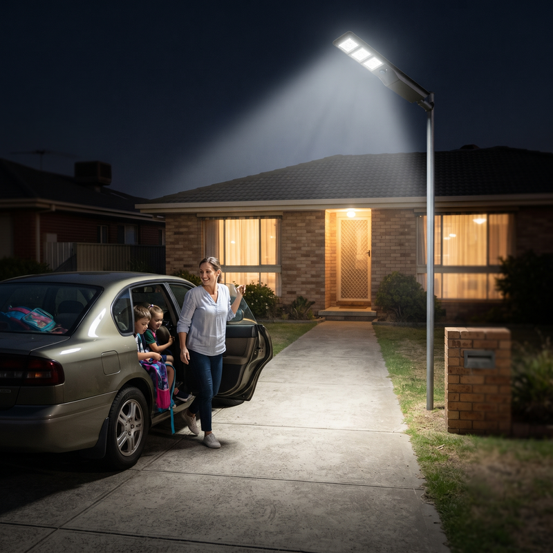 A woman stands by an open car door on a suburban driveway at night, with a bright solar-powered street light illuminating the path toward a brick house. Two children are seated in the car passenger area.