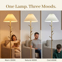 Floor lamp with three different light settings shown in a living room setting.