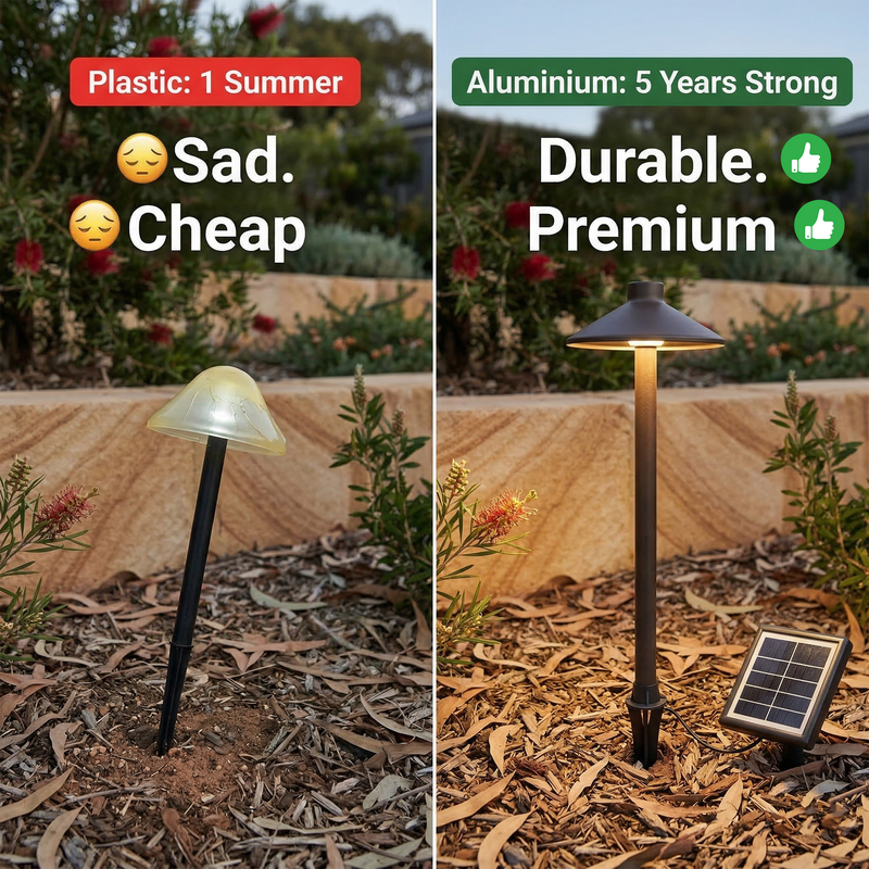 Two solar-powered garden lights side by side, one made of plastic and one of aluminium, with text describing their durability and lifespan.