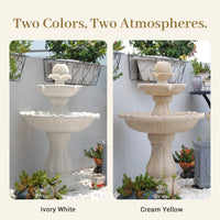 Two-tiered stone fountain shown in Ivory White and Cream Yellow against a garden backdrop.