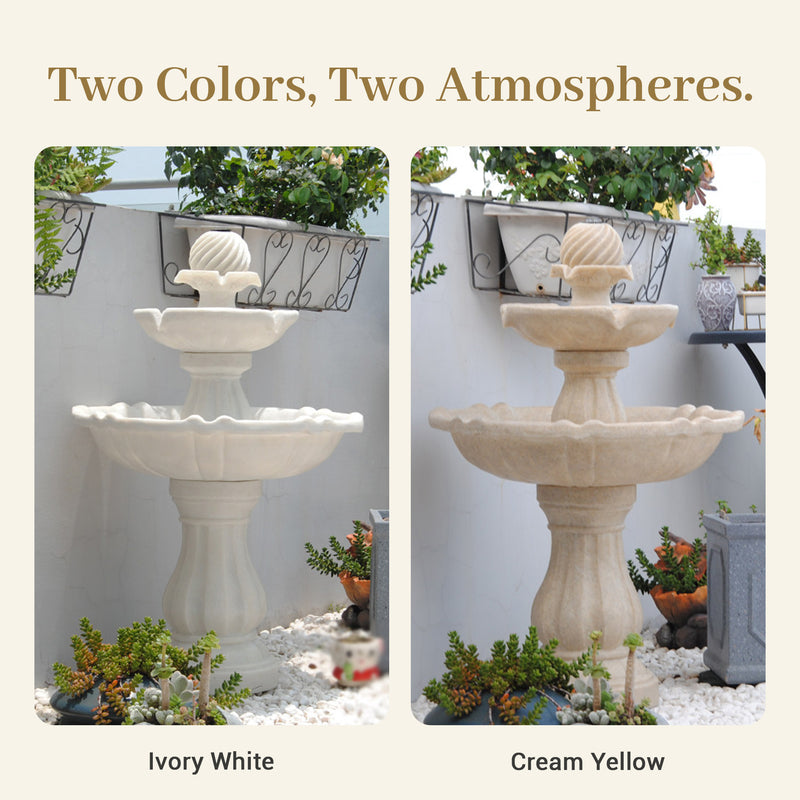 Two-tiered stone fountain shown in Ivory White and Cream Yellow against a garden backdrop.