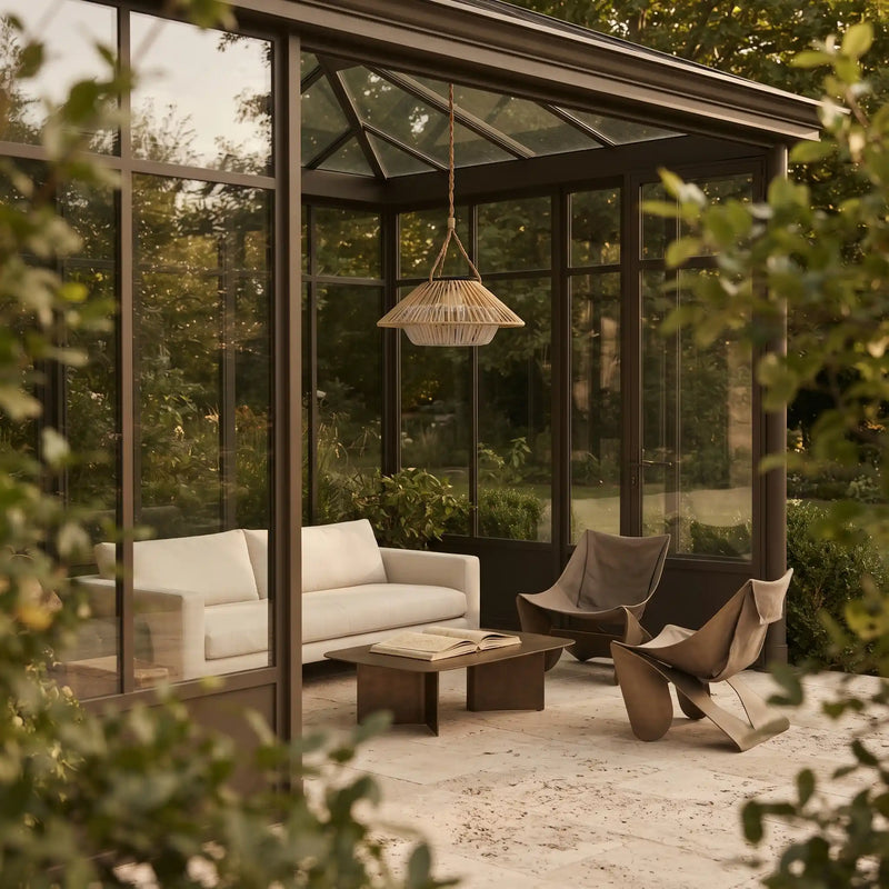 A modern outdoor patio area enclosed by a glass conservatory with dark metal framing, furnished with a white sofa, two sculptural brown chairs, a low wooden coffee table, and a woven pendant light. The scene is framed by soft-focus green foliage in the foreground.