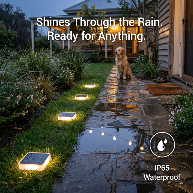 Solar lights on a stone pathway with a dog standing on grass, text 'Shines Through the Rain. Ready for Anything.'