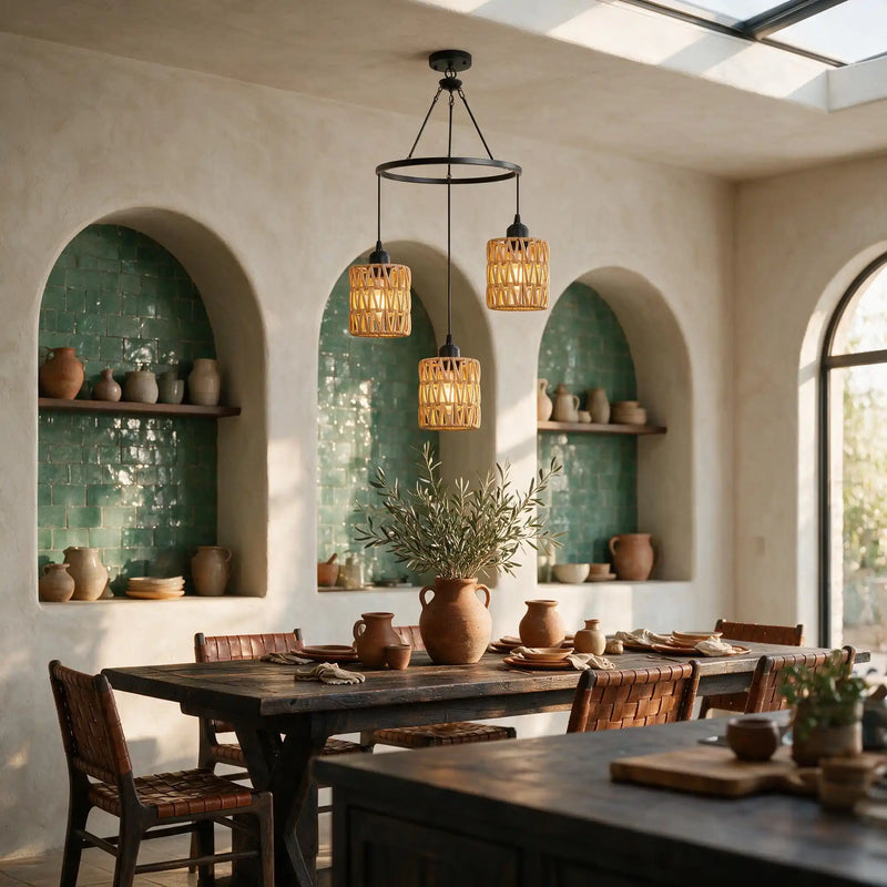 Rustic wicker pendant lamp over wooden dining table in Mediterranean style room