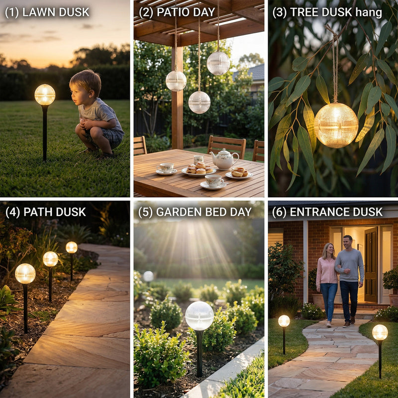 Collage of outdoor lighting scenarios including lawn, patio, tree, path, garden bed, and entrance.
