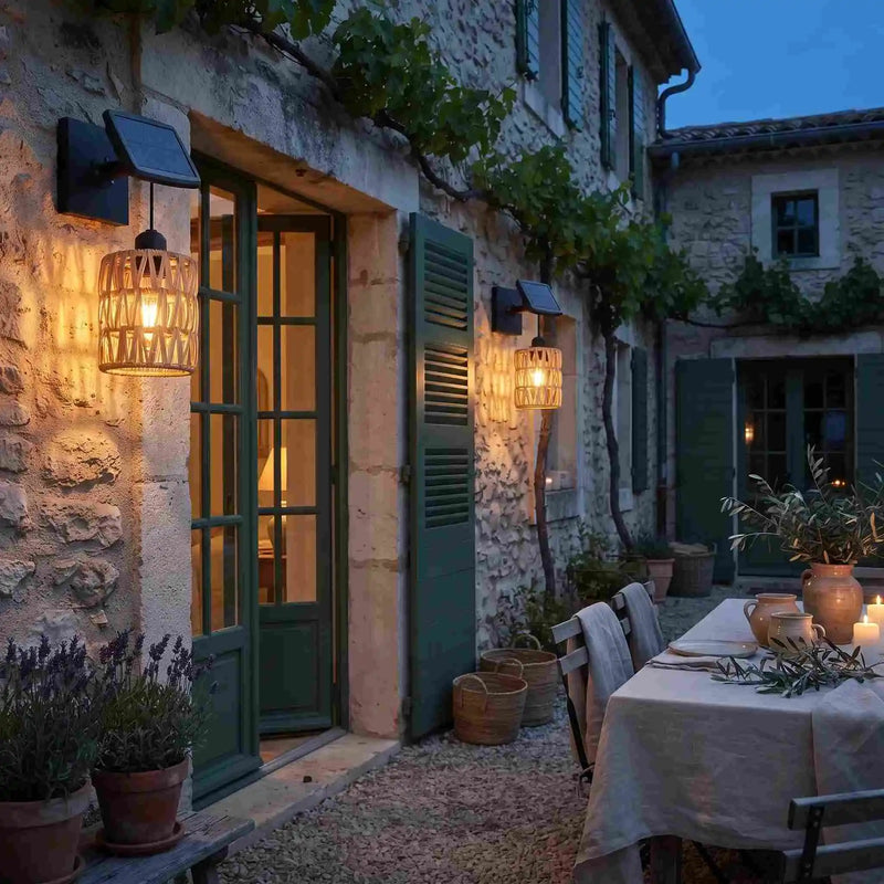 A rustic outdoor wall-mounted light fixture with a woven cage shade and warm glowing bulb, installed beside a stone building with green shutters and a dining table at dusk.