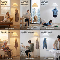 Comparison of a standing lamp with different color temperatures in various settings.