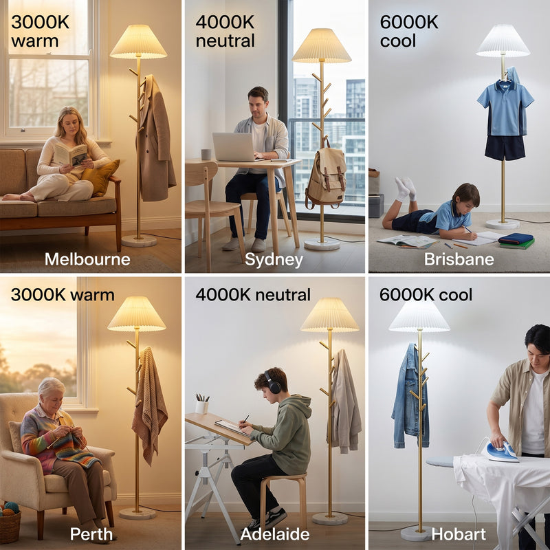 Comparison of a standing lamp with different color temperatures in various settings.