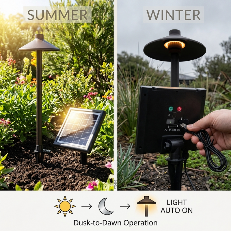 Solar-powered outdoor light system with summer and winter scenarios, showing solar panel and dusk-to-dawn operation.