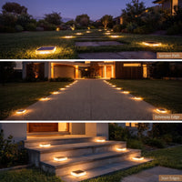 Three-panel collage showing solar-powered garden path and stair edge lights illuminated at dusk in real outdoor settings: a lawn path, a driveway edge, and concrete stairs leading to a house entrance.