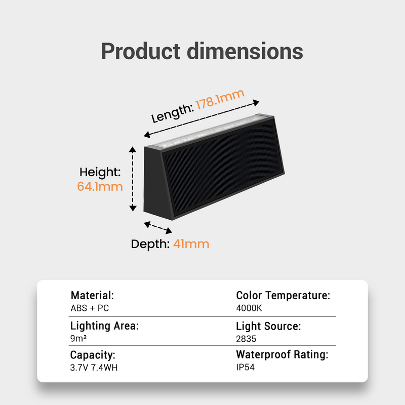 Product dimensions displayed with a black rectangular light on a gray background