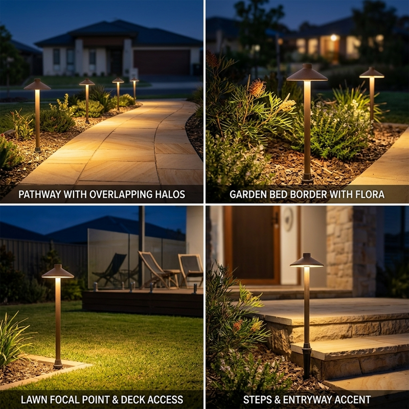Collage of outdoor landscape lighting fixtures in various settings.