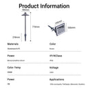 Product information chart for a solar light with dimensions and specifications.