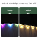 A product comparison graphic showing two side-by-side panels labeled 'COLOR' and 'WARM' under the heading 'Color & Warm Light - Switch at Your Will.' The left panel demonstrates multicolor lighting, and the right panel demonstrates warm yellow lighting, both shown in a dark outdoor setting.