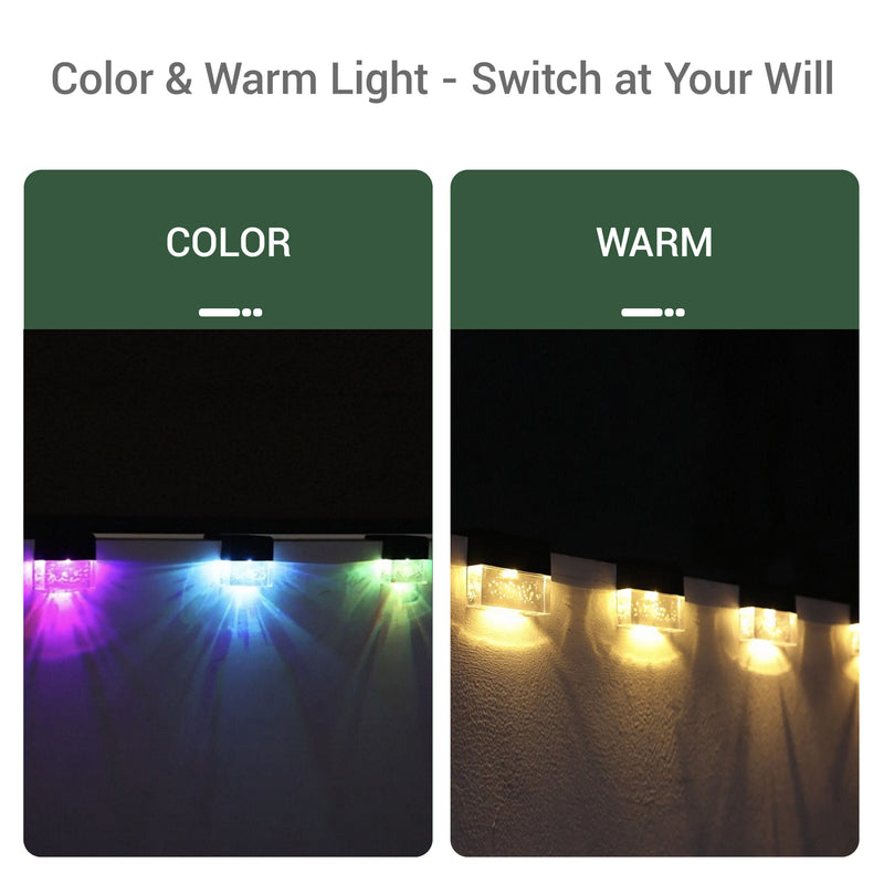 A product comparison graphic showing two side-by-side panels labeled 'COLOR' and 'WARM' under the heading 'Color & Warm Light - Switch at Your Will.' The left panel demonstrates multicolor lighting, and the right panel demonstrates warm yellow lighting, both shown in a dark outdoor setting.