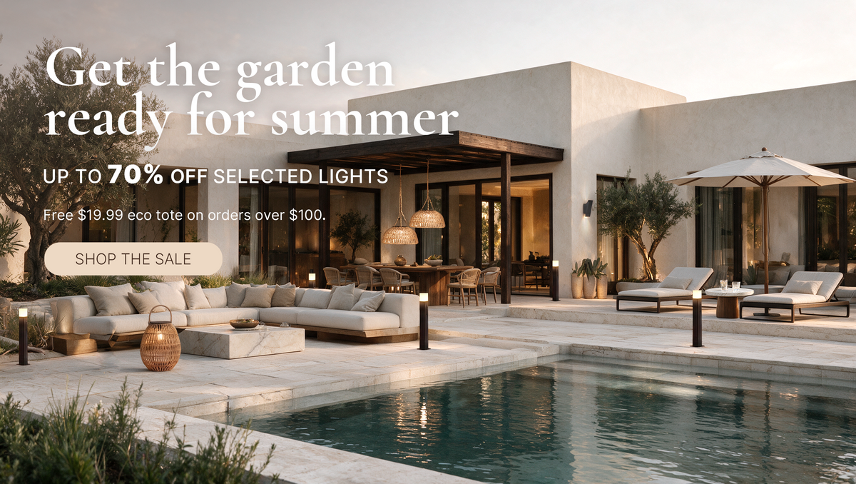 Luxury outdoor patio with solar garden lights, rattan pendant lights and poolside seating, promoting OUTWAY LIVING summer sale up to 70% off selected lights.