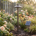 A solar-powered metal garden stake light with a small solar panel, set in a lush garden bed with flowers and a wooden fence in the background.