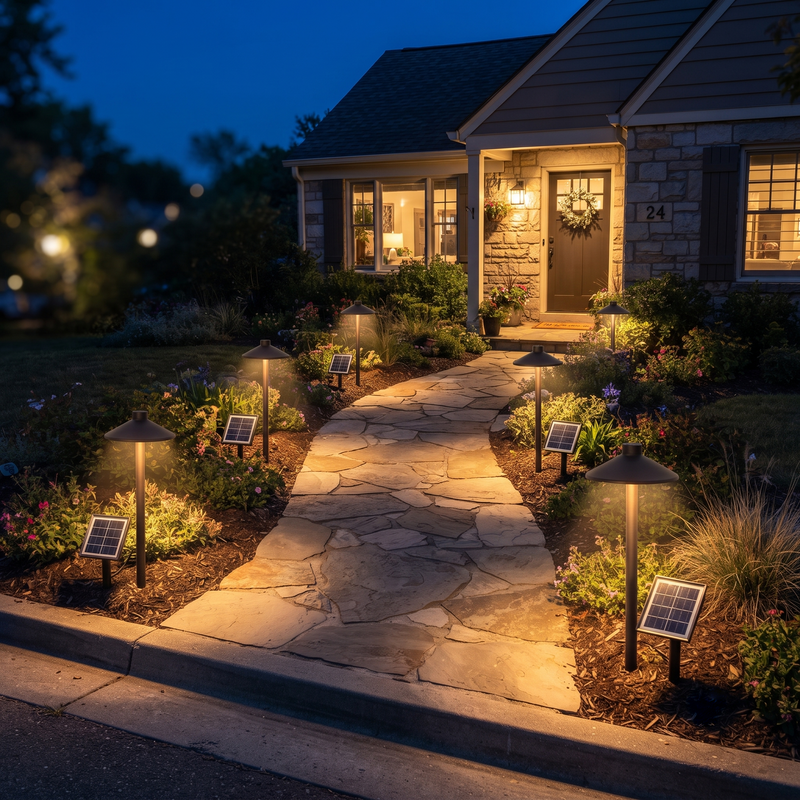 A set of solar-powered outdoor landscape lights with black conical shades and small solar panels, illuminating a stone pathway leading to a house at night.