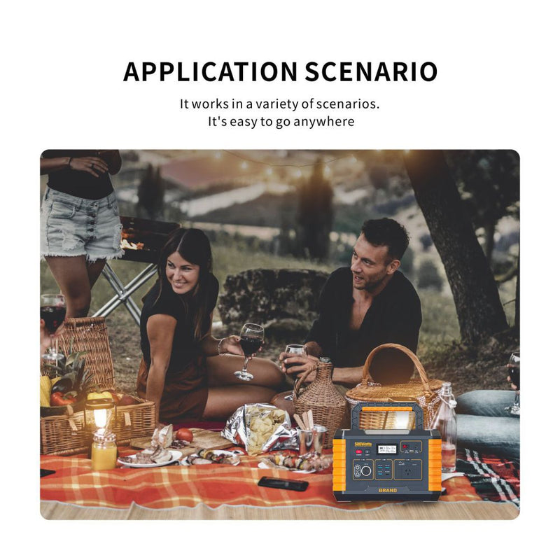 A promotional graphic with the text 'APPLICATION SCENARIO' above a picnic scene. In the scene, two people sit on a blanket outdoors near baskets, candles, and a portable power station.