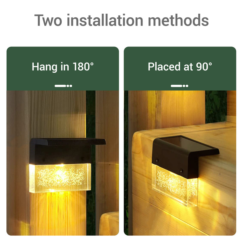 Two inset photos show a black outdoor wall light in different mounting positions, with text reading 'Hang in 180°' and 'Placed at 90°'. The top of the image has the heading 'Two installation methods'.