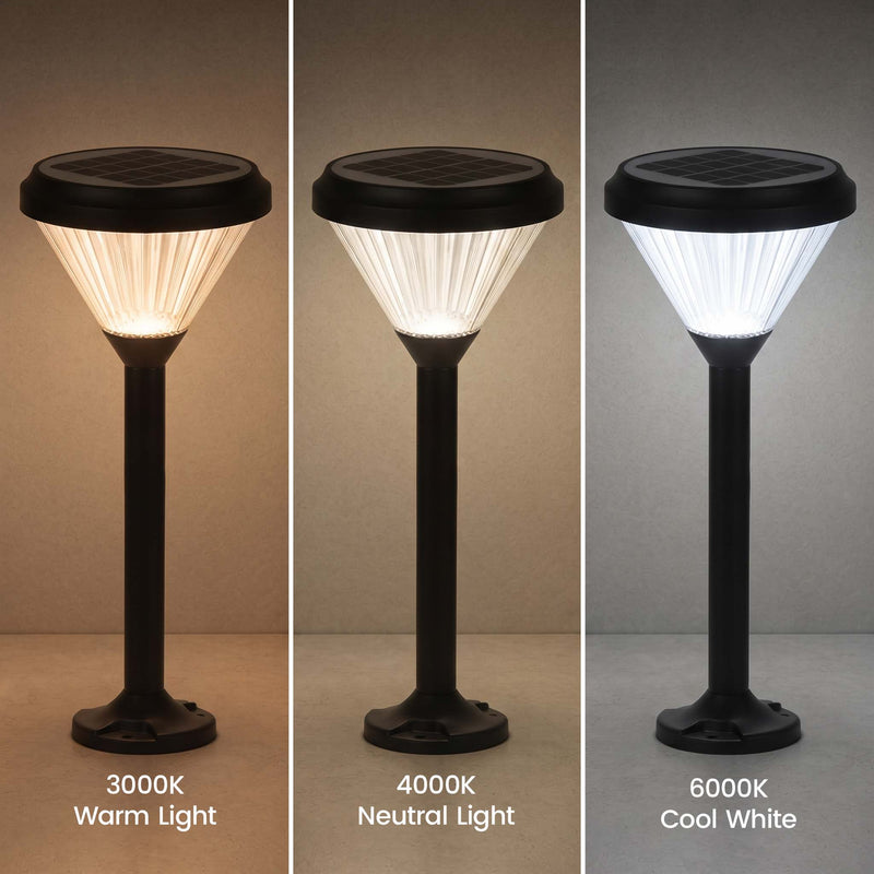 Three vertical panels show a solar post light in three color modes: 3000K Warm Light, 4000K Neutral Light, and 6000K Cool White. The light has a black solar top and base with a pleated shade that glows warm, neutral, or cool white respectively against a dark gradient background.