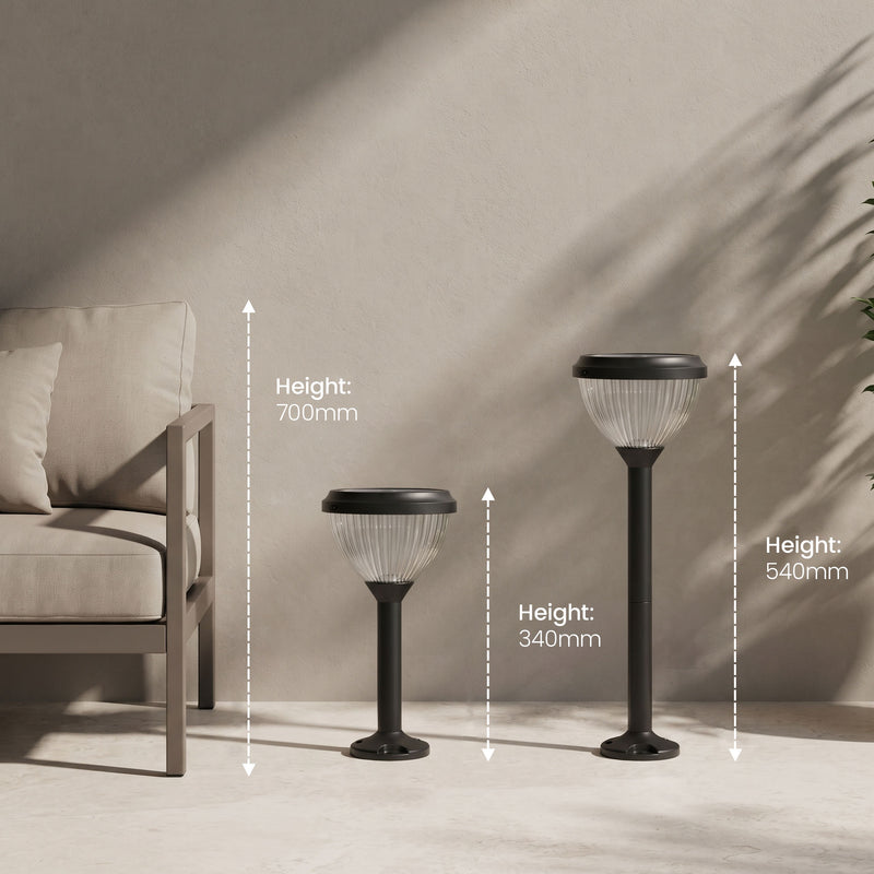 Goya PT0301 solar garden path light shown in adjustable height configurations