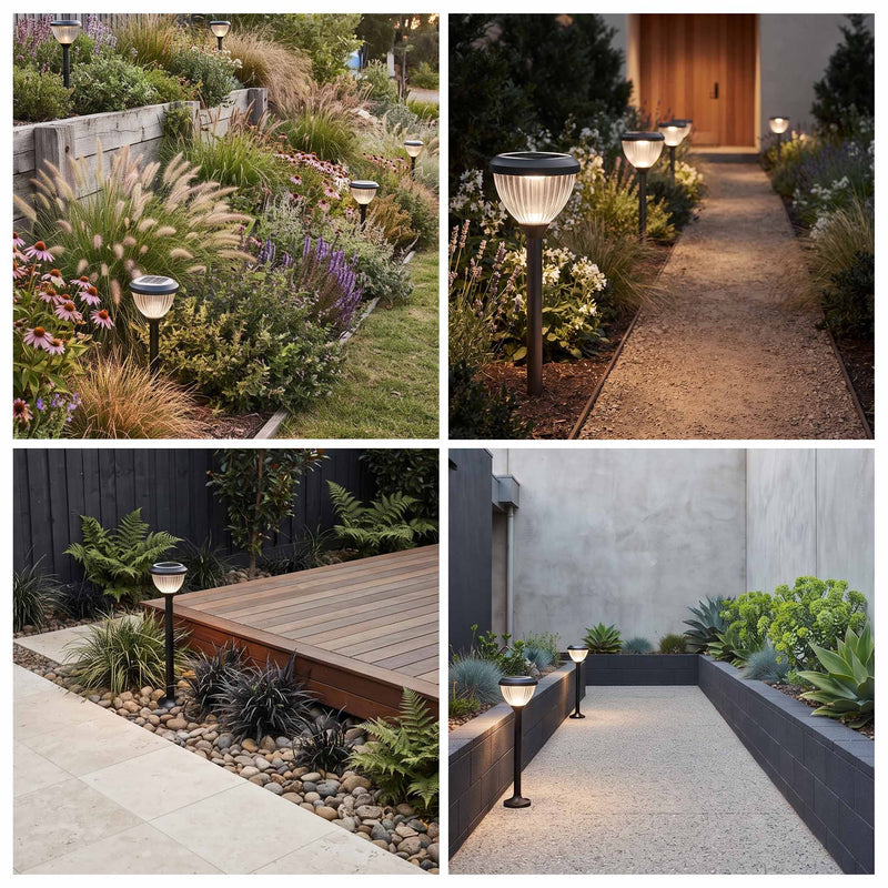 Goya PT0301 solar pathway lights illuminating garden beds, walkways and landscaped outdoor areas