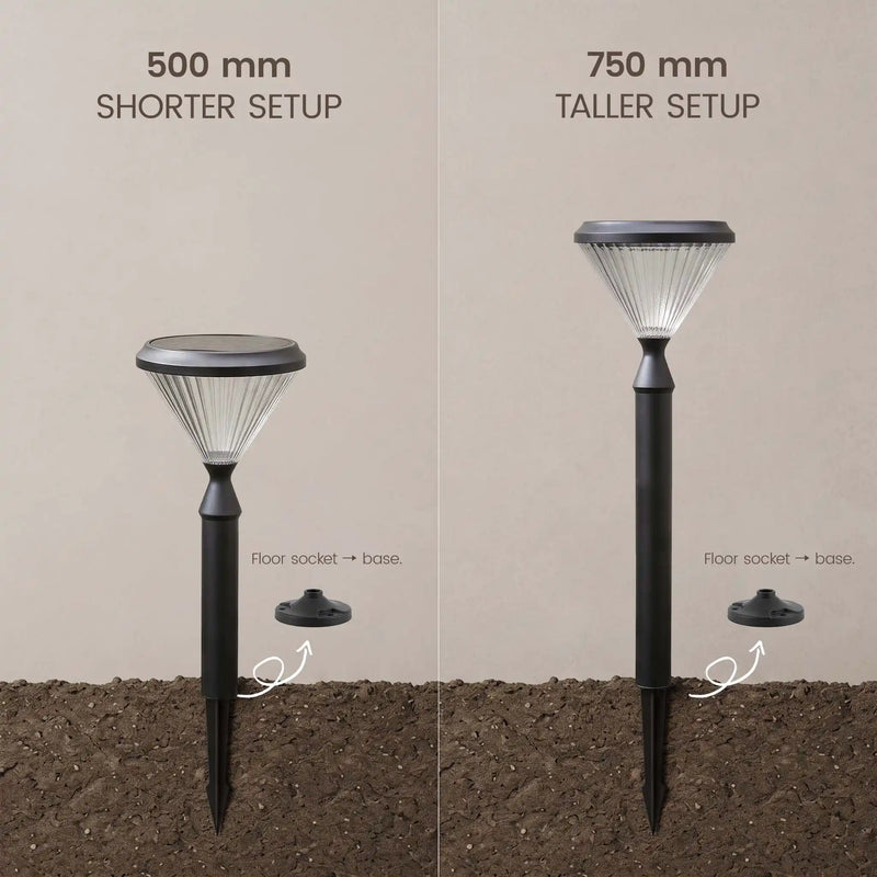Verta PT0302 solar garden light with 500mm and 750mm height options and mounting base