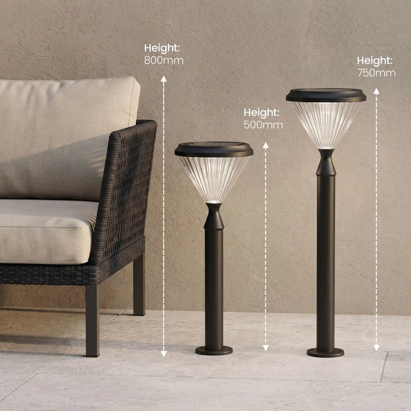 Verta PT0302 solar garden light shown in 500mm and 750mm height configurations