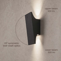 PT0710 solar wall light with 23-degree wall-wash optics, 200lm upper beam and 500lm lower beam