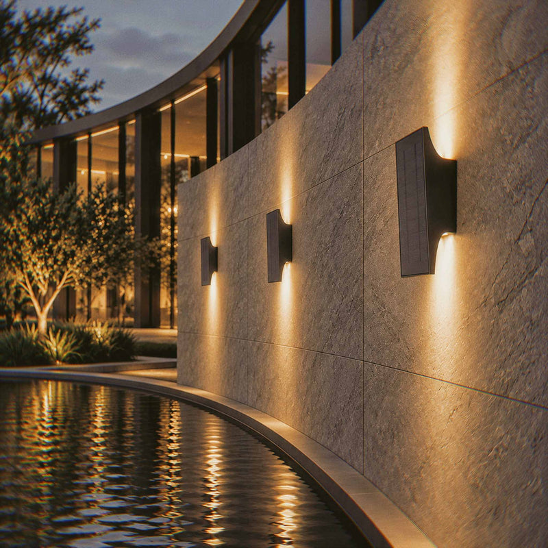 PT0710 solar wall lights creating warm up and down illumination along a modern poolside wall