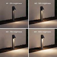 PT0723 solar pathway light showing four adjustable brightness modes from 25% to 100%